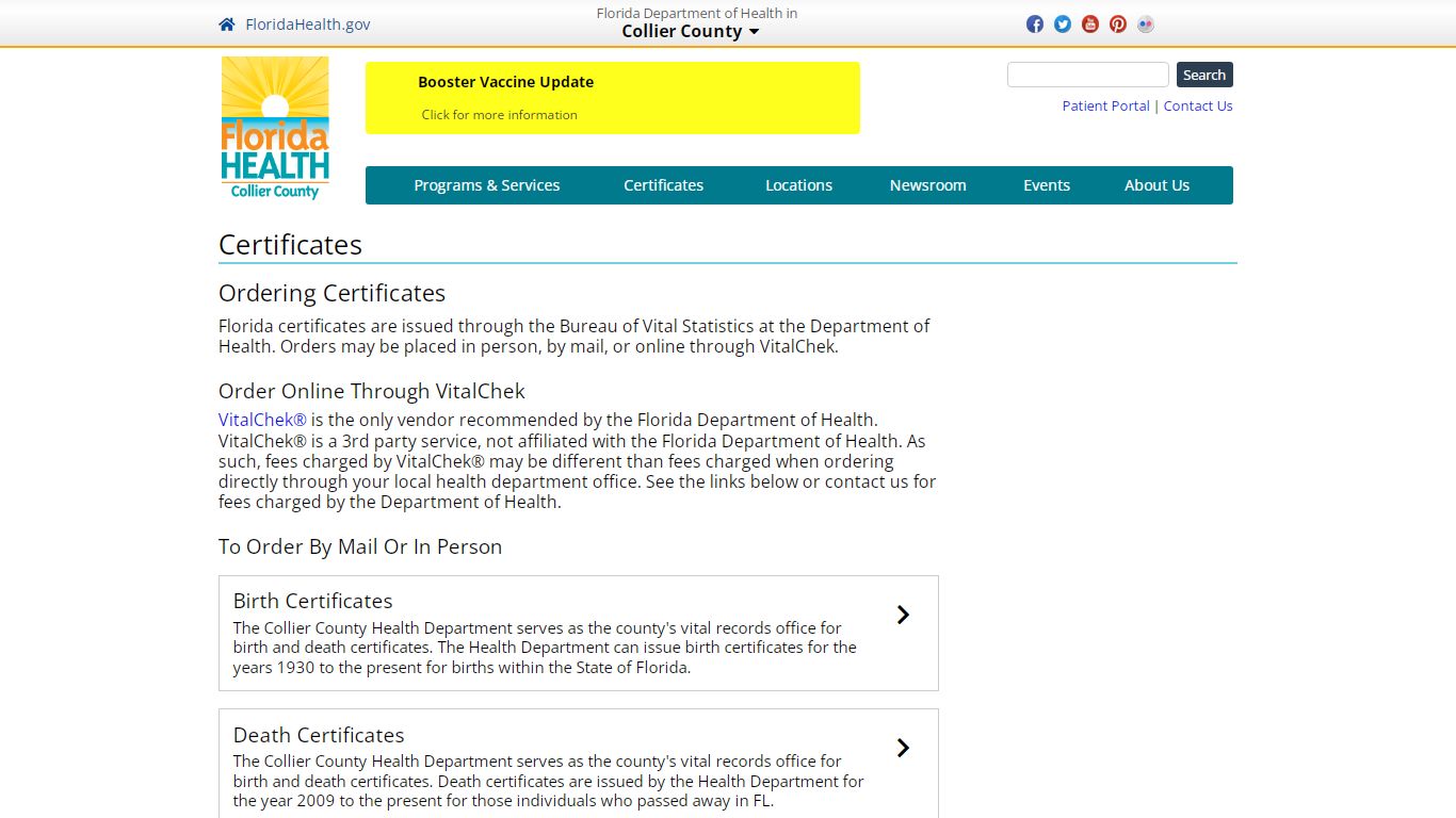 Certificates | Florida Department of Health in Collier